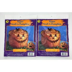 Set of 2 Vtg 2002 Sun Hill Super Stuff a Pumpkin Decorated Leaf Bag 45" x 48"